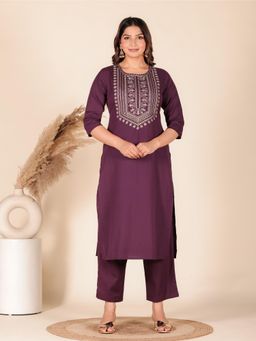 ARAMYA - Women Purple Linen Embroidered Kurta with Pant (Set of 2)