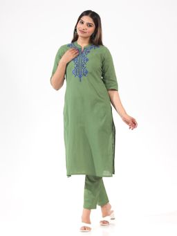 ARAMYA - Women Green Cotton Embroidered Kurta with Pant (Set of 2)