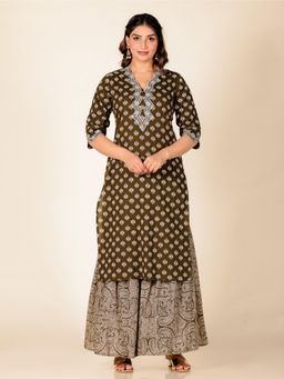 ARAMYA - Women Olive Cotton Embroidered Kurta with Sharara (Set of 2)