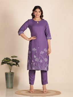 ARAMYA - Women Lavender Rayon Floral Kurta with Pant (Set of 2)