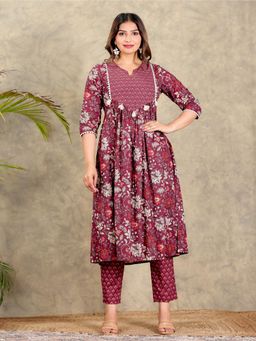 ARAMYA - Women Maroon Cotton Floral Kurta with Pant (Set of 2)