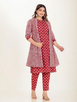 ARAMYA - Women Red Cotton Paisley Kurta with Pant and Jacket (Set of 3)