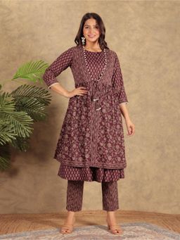 ARAMYA - Women Purple Cotton Floral Kurta with Pant and Dupatta (Set of 3)