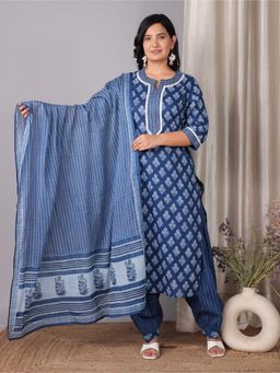 ARAMYA - Women Blue Cotton Floral Kurta with Salwar and Dupatta (Set of 3)