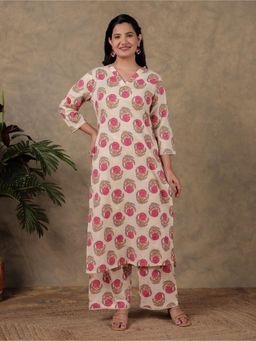 ARAMYA - Women Cream Cotton Floral Kurta with Palazzo (Set of 2)