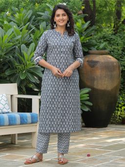 ARAMYA - Women Blue Cotton Floral Kurta with Pant (Set of 2)