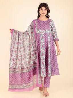 ARAMYA - Women Purple Cotton Floral Anarkali Kurta with Pant and Dupatta (Set of 3)