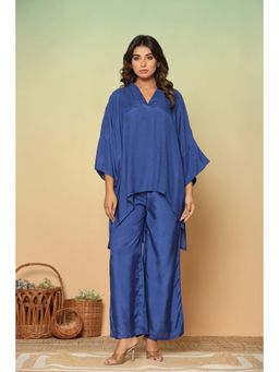 Kasya - Women Blue Muslin Solid Kaftan with Pant (Set of 2)
