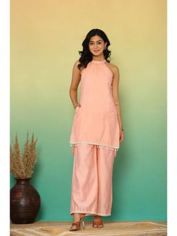 Kasya - Women Peach Chanderi Solid Kurti with Palazzo (Set of 2)