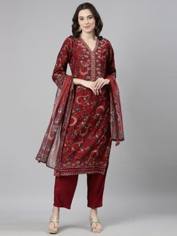 NEERU'S - Women Maroon Cotton Blend Floral Kurta with Pant and Dupatta (Set of 3)
