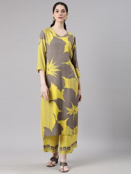 NEERU'S - Women Yellow Viscose Rayon Floral Kurta with Palazzo (Set of 2)