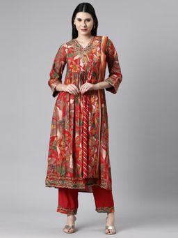NEERU'S - Women Red Cotton Blend Floral Anarkali Kurta with Pant and Dupatta (Set of 3)
