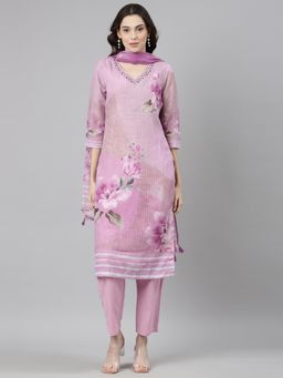 NEERU'S - Women Purple Linen Floral Kurta with Pant and Dupatta (Set of 3)