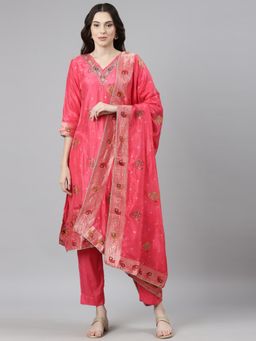 NEERU'S - Women Red Cotton Blend Paisley Kurta with Pant and Dupatta (Set of 3)