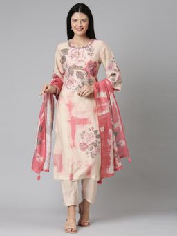 NEERU'S - Women Pink Shantoon Floral Kurta with Pant and Dupatta (Set of 3)
