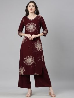 NEERU'S - Women Maroon Viscose Rayon Floral Kurta with Palazzo (Set of 2)