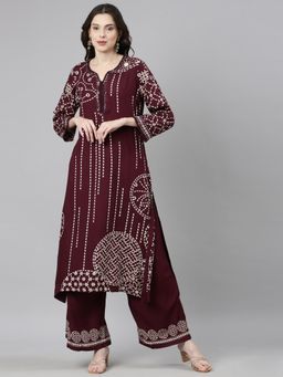 NEERU'S - Women Maroon Viscose Rayon Self Design Kurta with Palazzo (Set of 2)