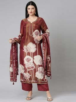 NEERU'S - Women Orange Silk Blend Floral Kurta with Pant and Dupatta (Set of 3)