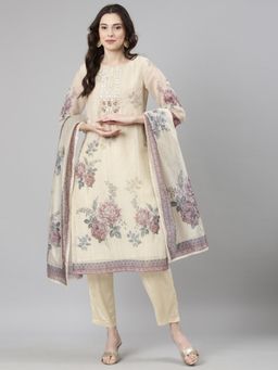 NEERU'S - Women Cream Organza Floral Kurta with Pant and Dupatta (Set of 3)