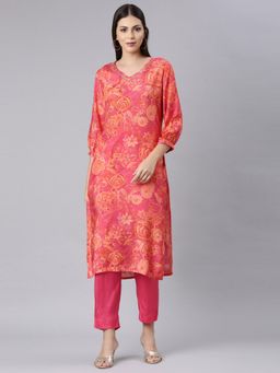 NEERU'S - Women Pink Cotton Blend Floral Kurta with Pant (Set of 2)