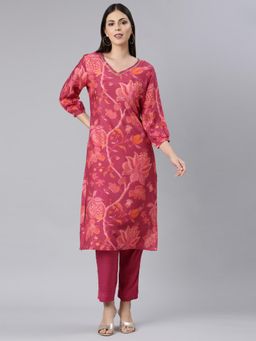 NEERU'S - Women Magenta Cotton Blend Floral Kurta with Pant (Set of 2)