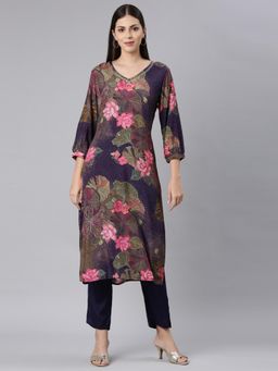 NEERU'S - Women Blue Cotton Blend Floral Kurta with Pant (Set of 2)
