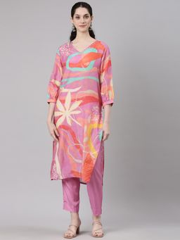 NEERU'S - Women Pink Cotton Blend Floral Kurta with Pant (Set of 2)