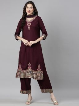 NEERU'S - Women Wine Shantoon Embroidered Kurta with Palazzo and Dupatta (Set of 3)