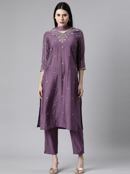 NEERU'S - Women Lavender Cotton Blend Embroidered Kurta with Pant and Dupatta (Set of 3)
