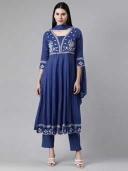 NEERU'S - Women Blue Cotton Blend Embroidered Anarkali Kurta with Pant and Dupatta (Set of 3)