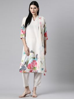 NEERU'S - Women Cream Silk Blend Floral Kurta with Pant and Dupatta (Set of 3)