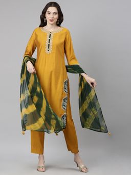 NEERU'S - Women Mustard Shantoon Embroidered Kurta with Pant and Dupatta (Set of 3)