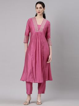 NEERU'S - Women Pink Cotton Blend Solid Kurta with Pant (Set of 2)