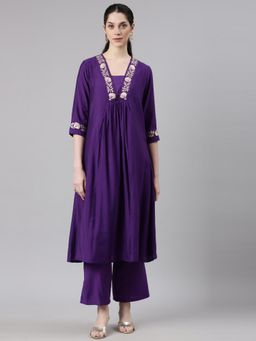 NEERU'S - Women Purple Polyester Embroidered Kurta with Pant (Set of 2)