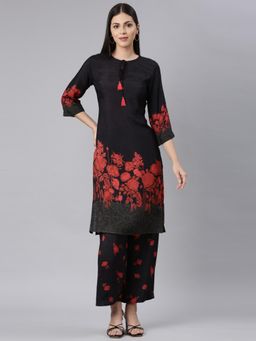 NEERU'S - Women Black Cotton Blend Floral Kurta with Pant (Set of 2)