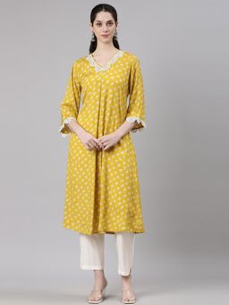 NEERU'S - Women Mustard Cotton Blend Printed Kurta with Pant (Set of 2)