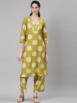 NEERU'S - Women Green Cotton Blend Polka Dots Kurta with Pant (Set of 2)