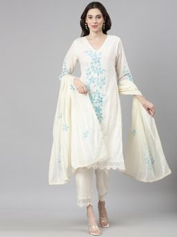 NEERU'S - Women Blue Cotton Blend Floral Kurta with Pant and Dupatta (Set of 3)