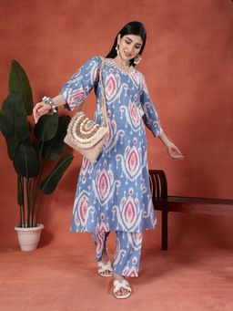 Rama's - Women Blue Cotton Embroidered Kurta with Palazzo (Set of 2)