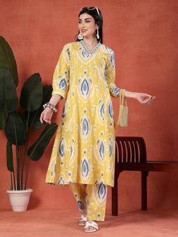 Rama's - Women Yellow Cotton Embroidered Kurta with Palazzo (Set of 2)