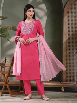Rama's - Women Pink Cotton Embellished Kurta with Pant and Dupatta (Set of 3)