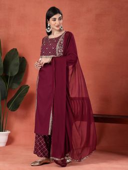 Rama's - Women Burgundy Rayon Embellished Kurta with Palazzo and Dupatta (Set of 3)