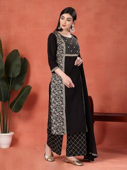Rama's - Women Black Rayon Embellished Kurta with Palazzo and Dupatta (Set of 3)