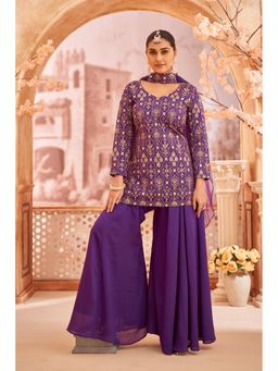 Shaily - Women Purple Georgette Embellished Kurta with Sharara and Dupatta (Set of 3)