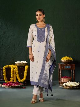 Shaily - Women Blue Tissue Embroidered Kurta with Pant and Dupatta (Set of 3)