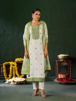 Shaily - Women Green Tissue Embroidered Kurta with Pant and Dupatta (Set of 3)
