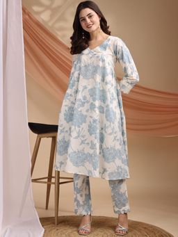 Shaily - Women Blue Cambric Floral Kurta with Pant (Set of 2)
