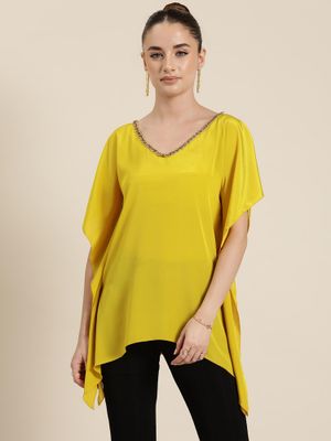 Qurvii Yellow Silk Crepe V-Neck Kaftan Top