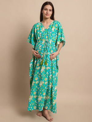 Floral Print Dark Blue Cotton Maternity Kaftan Nighty