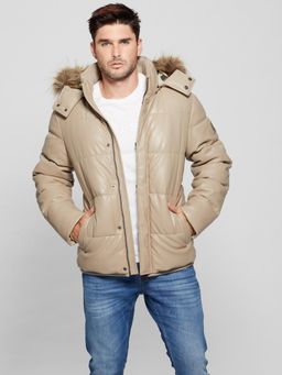 Guess - Beige Polyurethane Solid Puffer Jacket